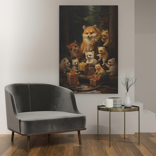 Canvas schilderij interieur Vossen Familie met Kerst Cadeaus - Kerstmis