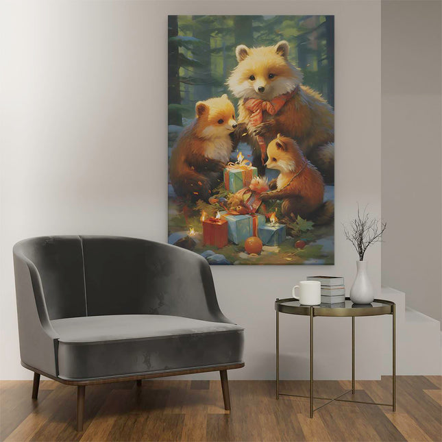 Canvas schilderij interieur Beren Familie met Kerstcadeaus - Kerstmis