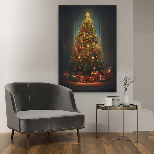 Canvas schilderij interieur Kerstboom met Versieringen - Decoratie - Kerst