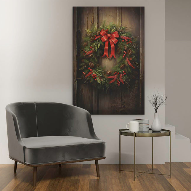 Canvas schilderij interieur Kerstkrans op een Houten Muur