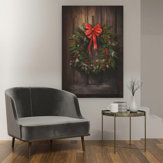 Canvas schilderij interieur Kerstkrans op een Houten Muur