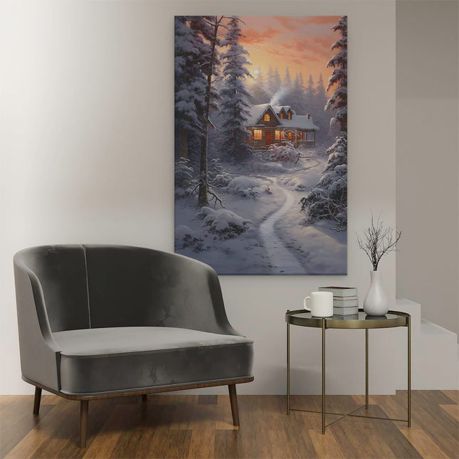 Canvas schilderij interieur Huisje in het Winterse Bos