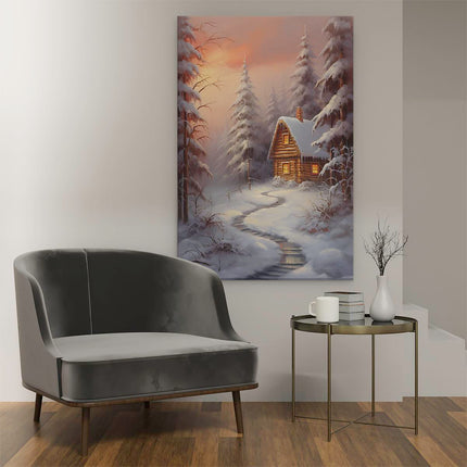 Canvas schilderij interieur Huisje in het Winterse Bos