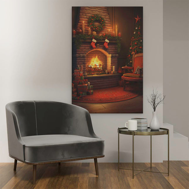 Canvas schilderij interieur Openhaard bij Kerst