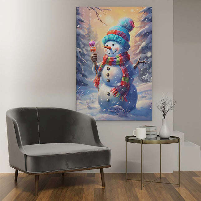 Canvas schilderij interieur Blije Sneeuwpop met een Lolly - Kerst