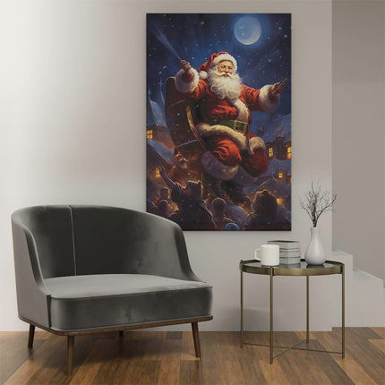 Canvas schilderij interieur Kerstman deelt Cadeaus uit