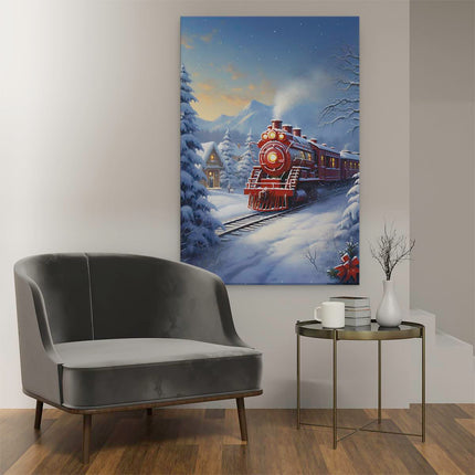 Canvas schilderij interieur Rode Locomotief Trein  in het Winter Bos - Kerst