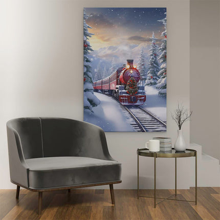 Canvas schilderij interieur Rode Locomotief Trein  in het Winter Bos - Kerst