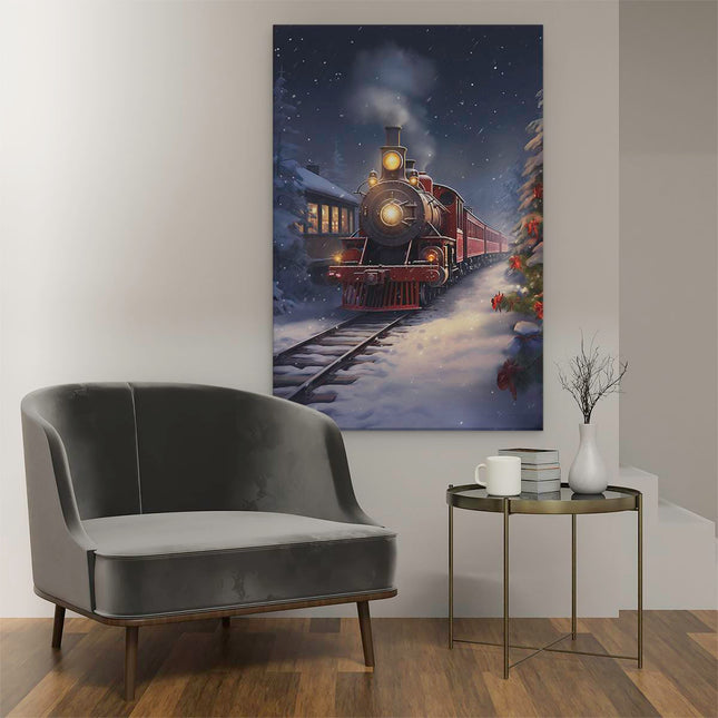 Canvas schilderij interieur Rode Locomotief Trein  in het Winter Bos - Kerst