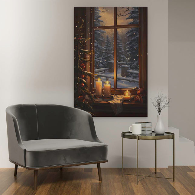 Canvas schilderij interieur Kerst Kaarsjes bij het Raam