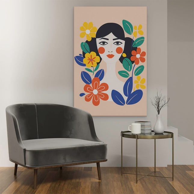 Canvas schilderij interieur Vrouw met Rode Wangen en Bloemen - Abstract