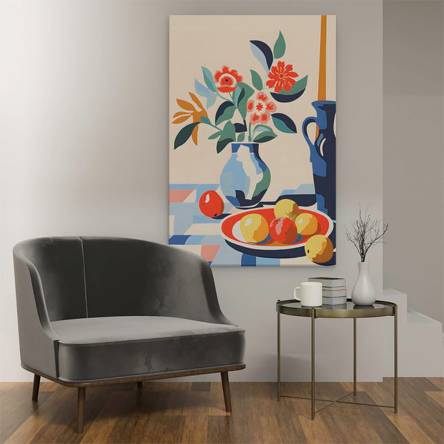 Canvas schilderij interieur Vaas met Fruit op Tafel - Abstract