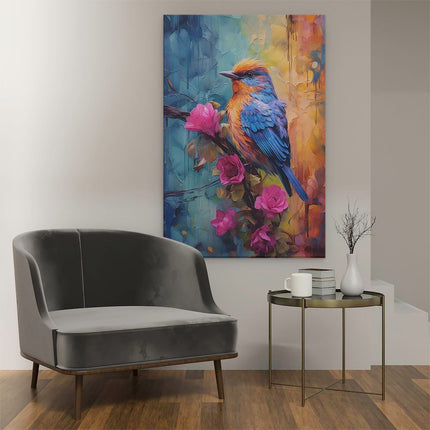 Canvas schilderij interieur Vogel op een Tak met Roze Bloemen