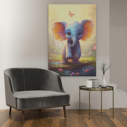 Canvas schilderij interieur Baby Olifant met Roze Vlinders