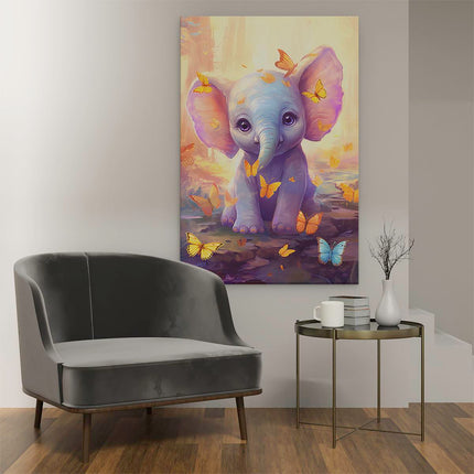 Canvas schilderij interieur Baby Olifant met Oranje Vlinders