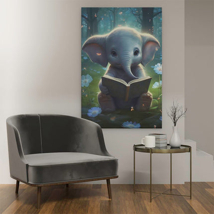 Canvas schilderij interieur Baby Olifant leest een Boek