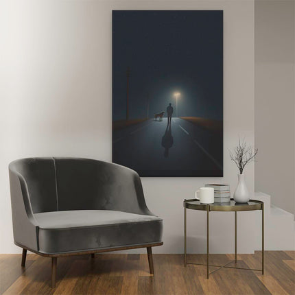 Canvas schilderij interieur Man met een Hond in de Nacht