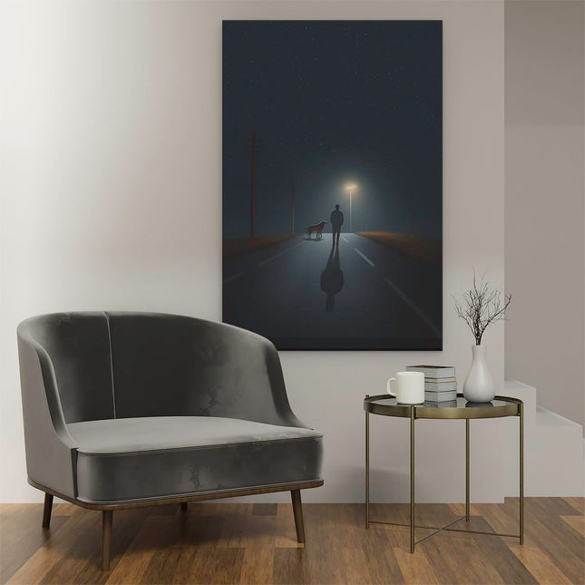 Canvas schilderij interieur Man met een Hond in de Nacht