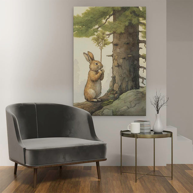 Canvas schilderij interieur Konijn Knaagt bij een Boom