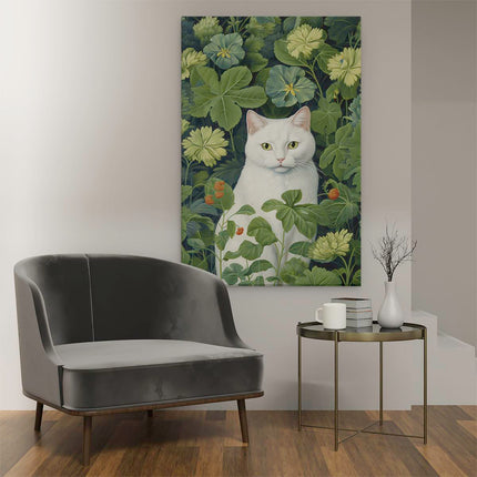 Canvas schilderij interieur Witte Kat tussen de Groene Planten