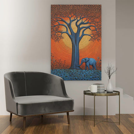 Canvas schilderij interieur Olifant bij een Boom - Kunst