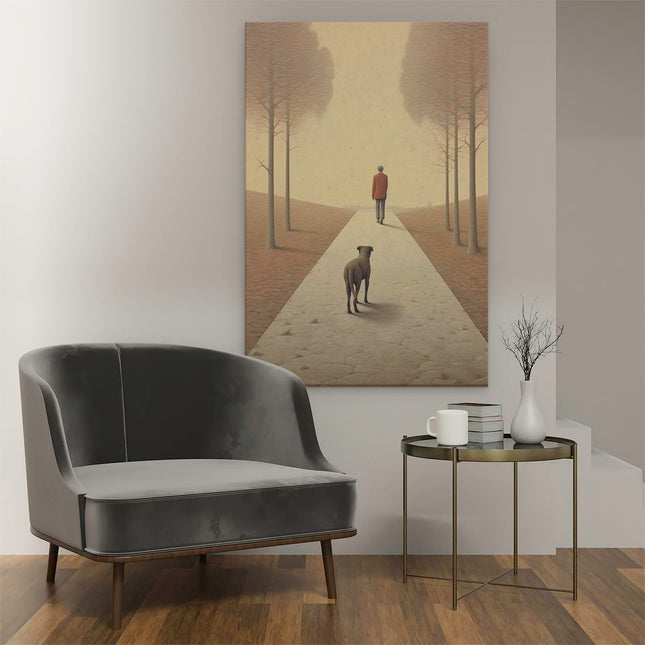 Canvas schilderij interieur Hond met een Man op Pad