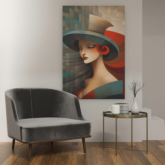 Canvas schilderij interieur Vrouw met een Hoed - Abstract - Kleur
