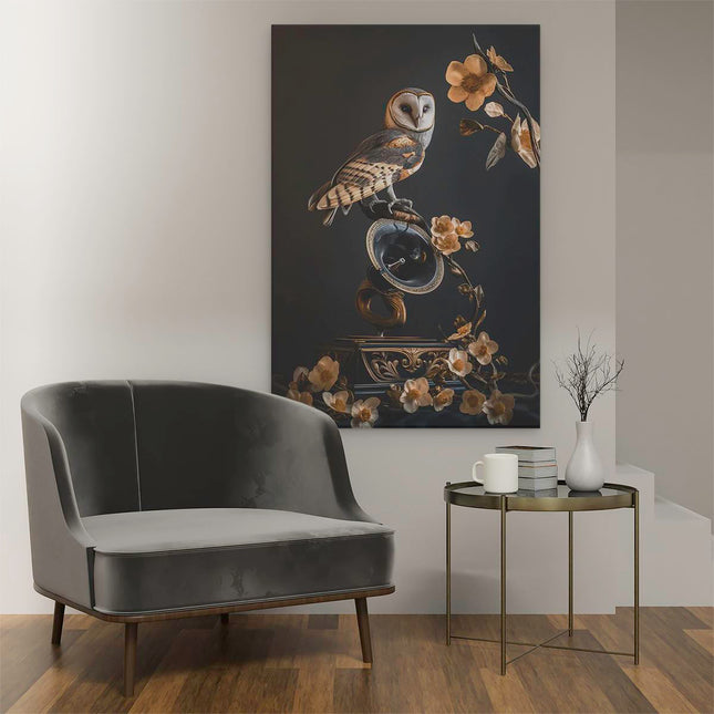 Canvas schilderij interieur Uil Zat op een Grammofoon