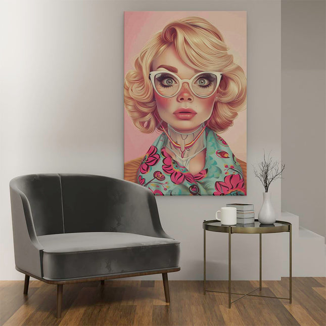 Canvas schilderij interieur Vrouw met Bril en een Sjaal