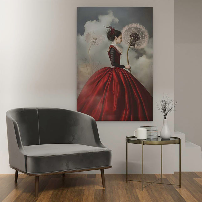 Canvas schilderij interieur Vrouw in een Rode Jurk met een Paardebloem