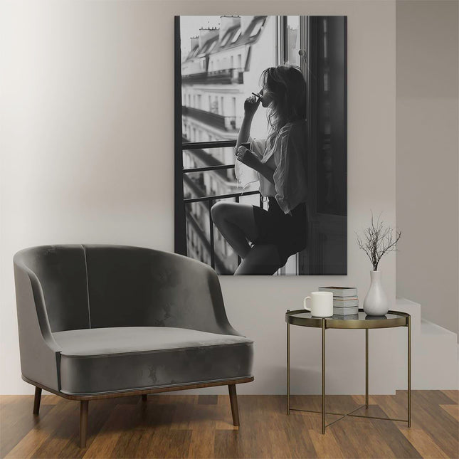 Canvas schilderij interieur Vrouw Zittend op een Balkon een Sigaret Roken