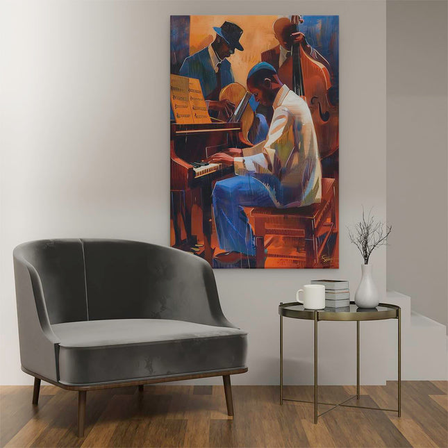 Canvas schilderij interieur Drie Muzikanten die Piano Spelen