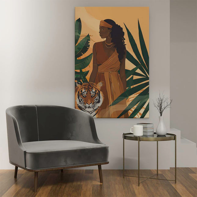 Canvas schilderij interieur Afrikaanse Vrouw met een Tijger