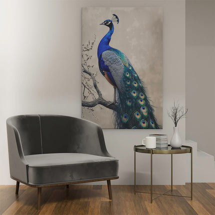 Canvas schilderij interieur Pauw Zat op een Tak