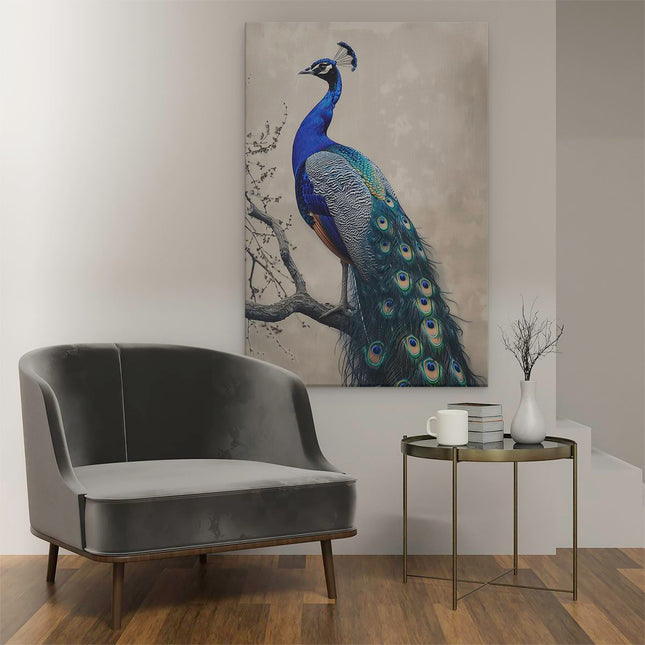 Canvas schilderij interieur Pauw Zat op een Tak
