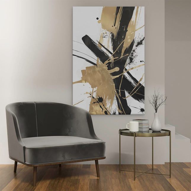 Canvas schilderij interieur Abstract Kunstwerk met Zwarte en Gouden Verfspatten