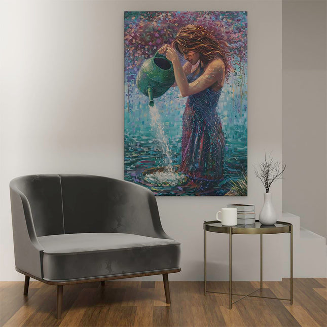 Canvas schilderij interieur Vrouw Giet Water uit een Gieter