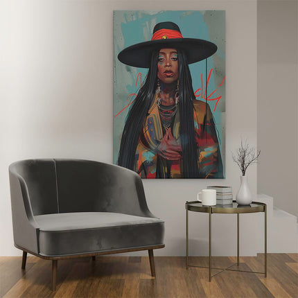 Canvas schilderij interieur Vrouw met Lang haar en een Hoed