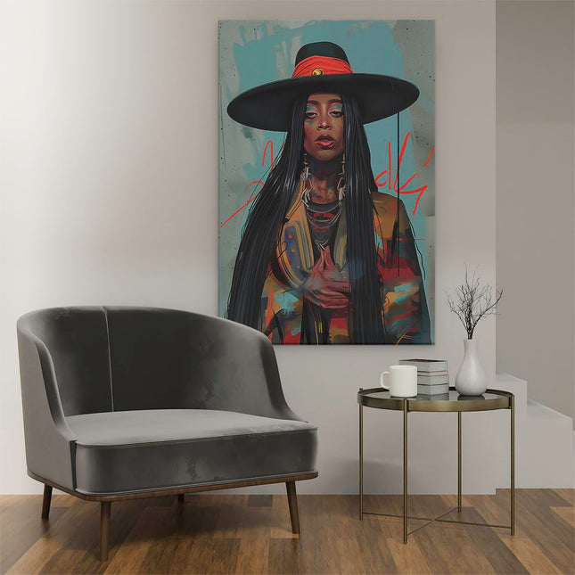 Canvas schilderij interieur Vrouw met Lang haar en een Hoed