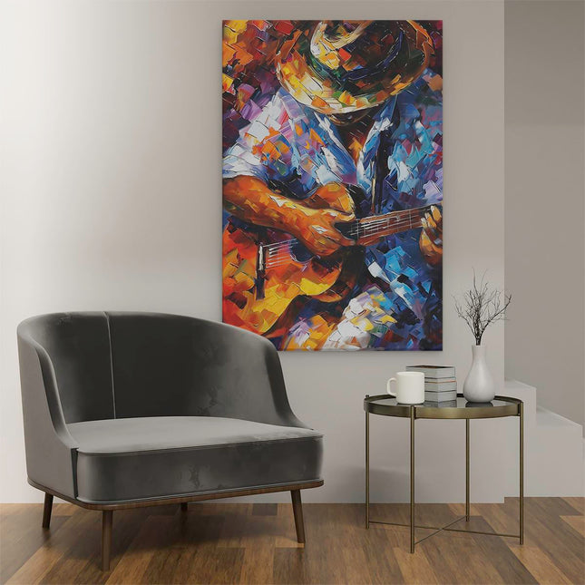 Canvas schilderij interieur Man een Akoestische Gitaar Spelen