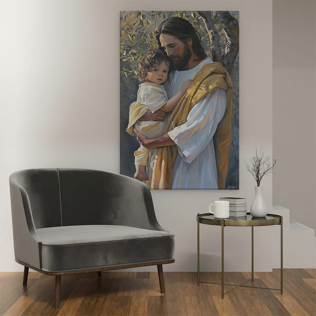Canvas schilderij interieur Jezus Houdt een Kind in zijn Armen