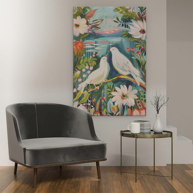 Canvas schilderij interieur Twee Witte Duiven Zaten op een Tak