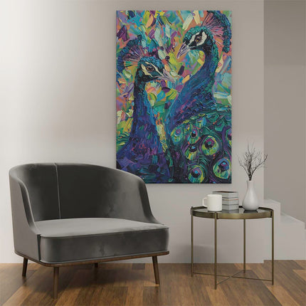 Canvas schilderij interieur Twee Pauwen met Kleurrijke Veren