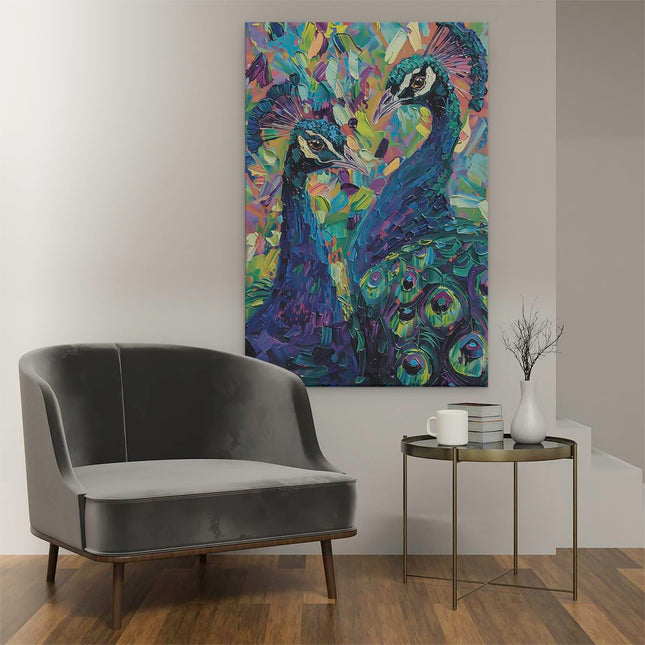 Canvas schilderij interieur Twee Pauwen met Kleurrijke Veren