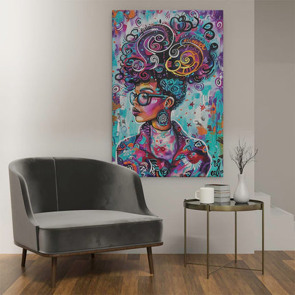 Canvas schilderij interieur Vrouw met een Kleurrijke Afropruik en Bril