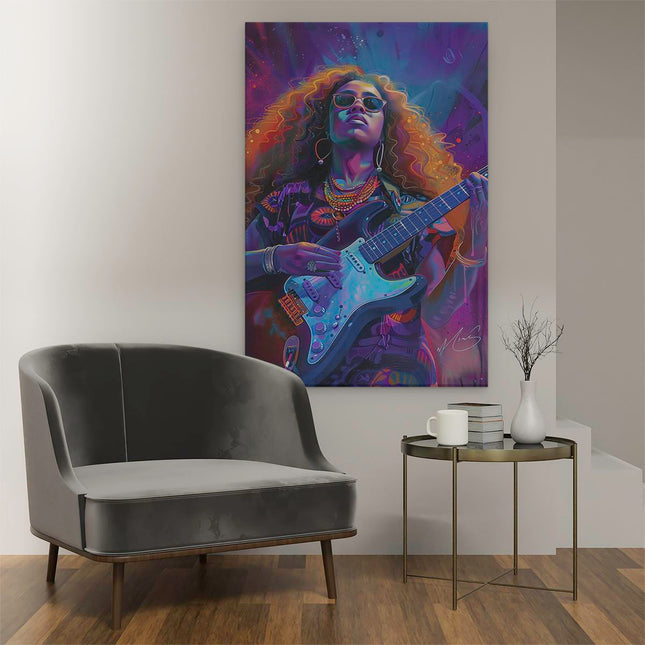 Canvas schilderij interieur Vrouw met Krullend haar die Gitaar Speelt