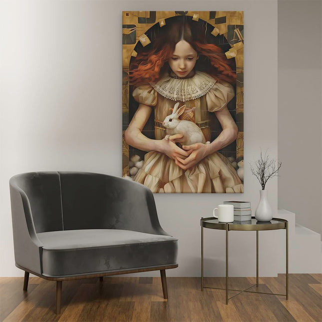 Canvas schilderij interieur Meisje dat een Konijn Vasthoudt