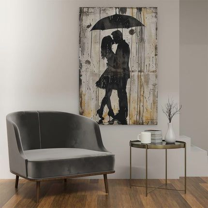 Canvas schilderij interieur Paar Kussen onder een Paraplu