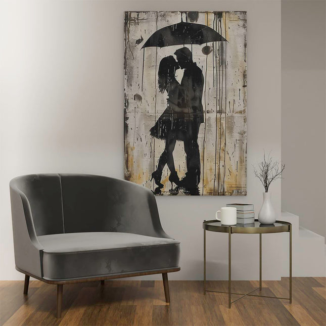 Canvas schilderij interieur Paar Kussen onder een Paraplu