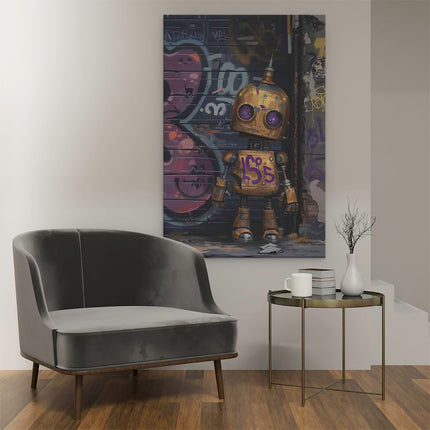 Canvas schilderij interieur Robot met Paarse Ogen die voor een met Graffiti Bedekte Muur Staat